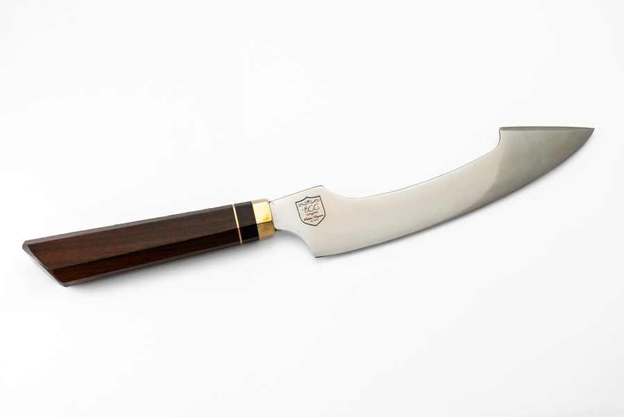 Khopesh Chef Knife with an upswept curved blade and dark brown handle on a white background