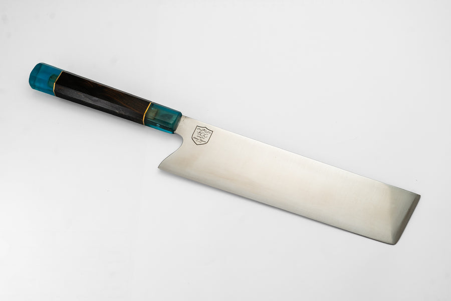 Nakiri Knife with a rectangular blade and dark handle with turquoise-colored endcaps
