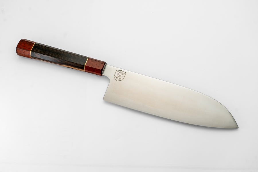 Santoku Knife with a rounded-tip blade and dark handle with reddish-brown endcaps