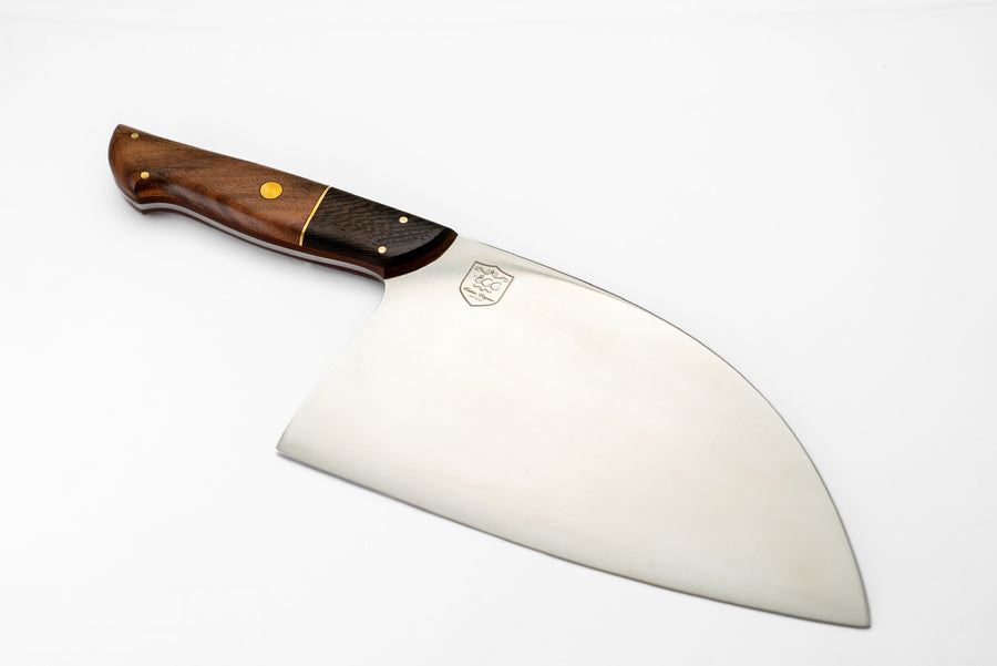 Serbian Chef Knife with a broad cleaver-style blade and brown-and-black handle